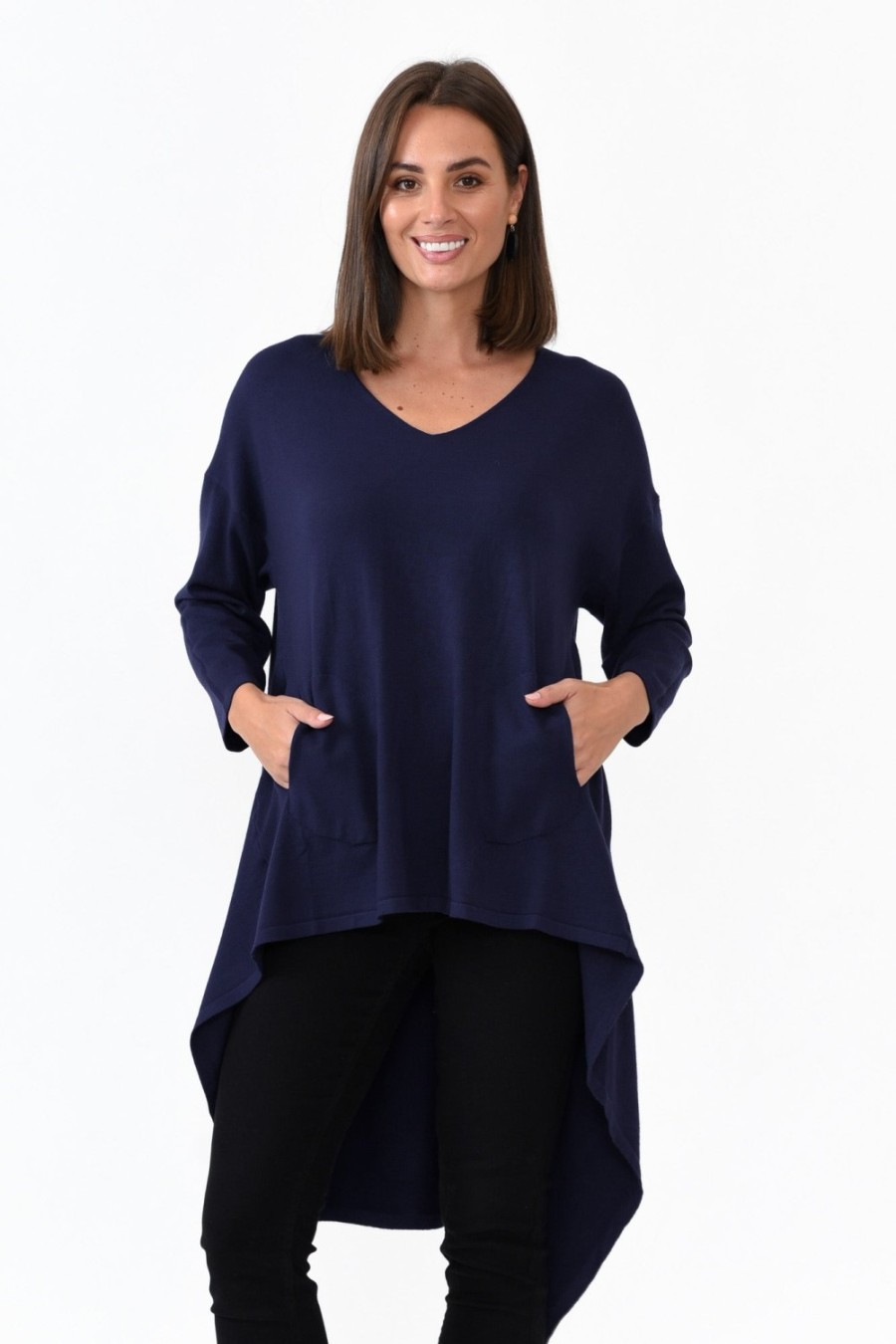 Clothing Cali and Co Knitwear | Addy Navy Hi Lo Knit Jumper