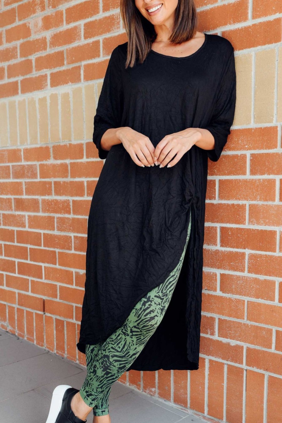 Clothing Cotton Village Cotton Tops | Black Crinkle Cotton Asymmetric Tunic