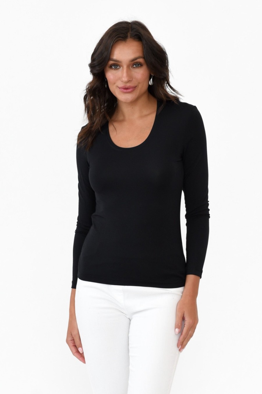 Clothing Tani Sleeved Tops | Black Micro Modal Scoop Neck Long Sleeve