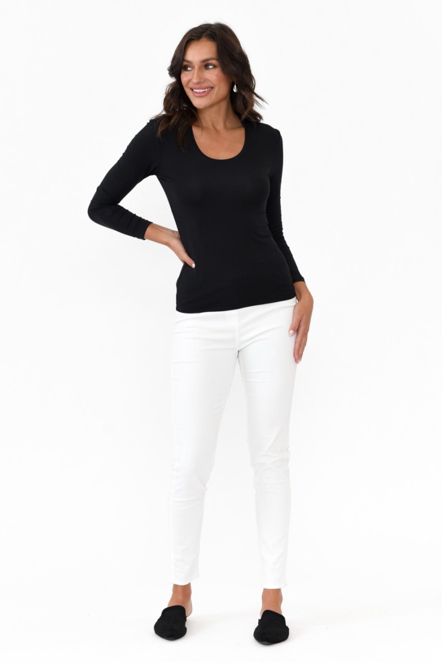 Clothing Tani Sleeved Tops | Black Micro Modal Scoop Neck Long Sleeve