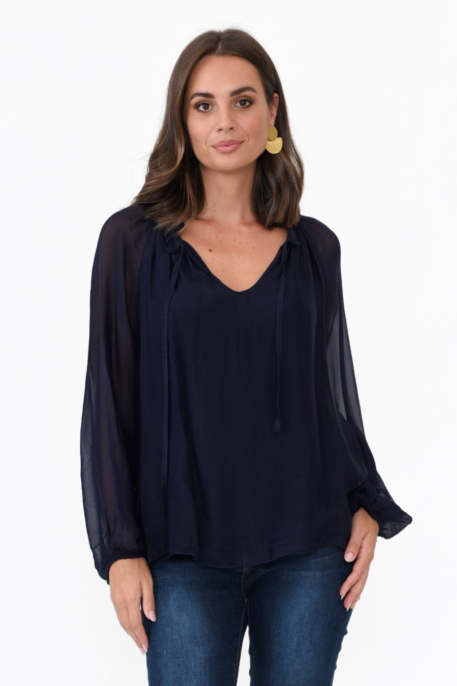 Clothing La Strada Sleeved Tops | James Navy Front Tie Silk Top