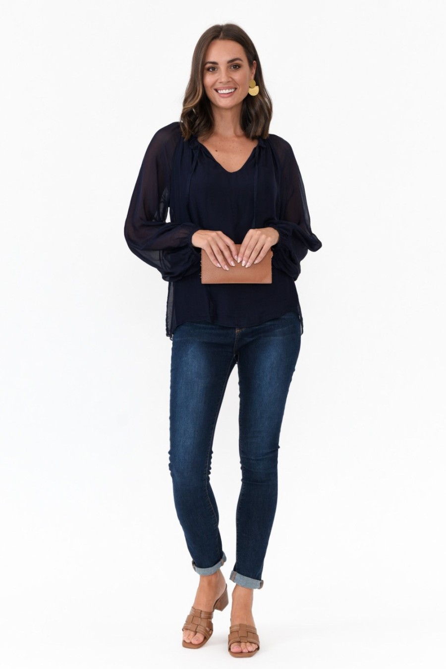 Clothing La Strada Sleeved Tops | James Navy Front Tie Silk Top