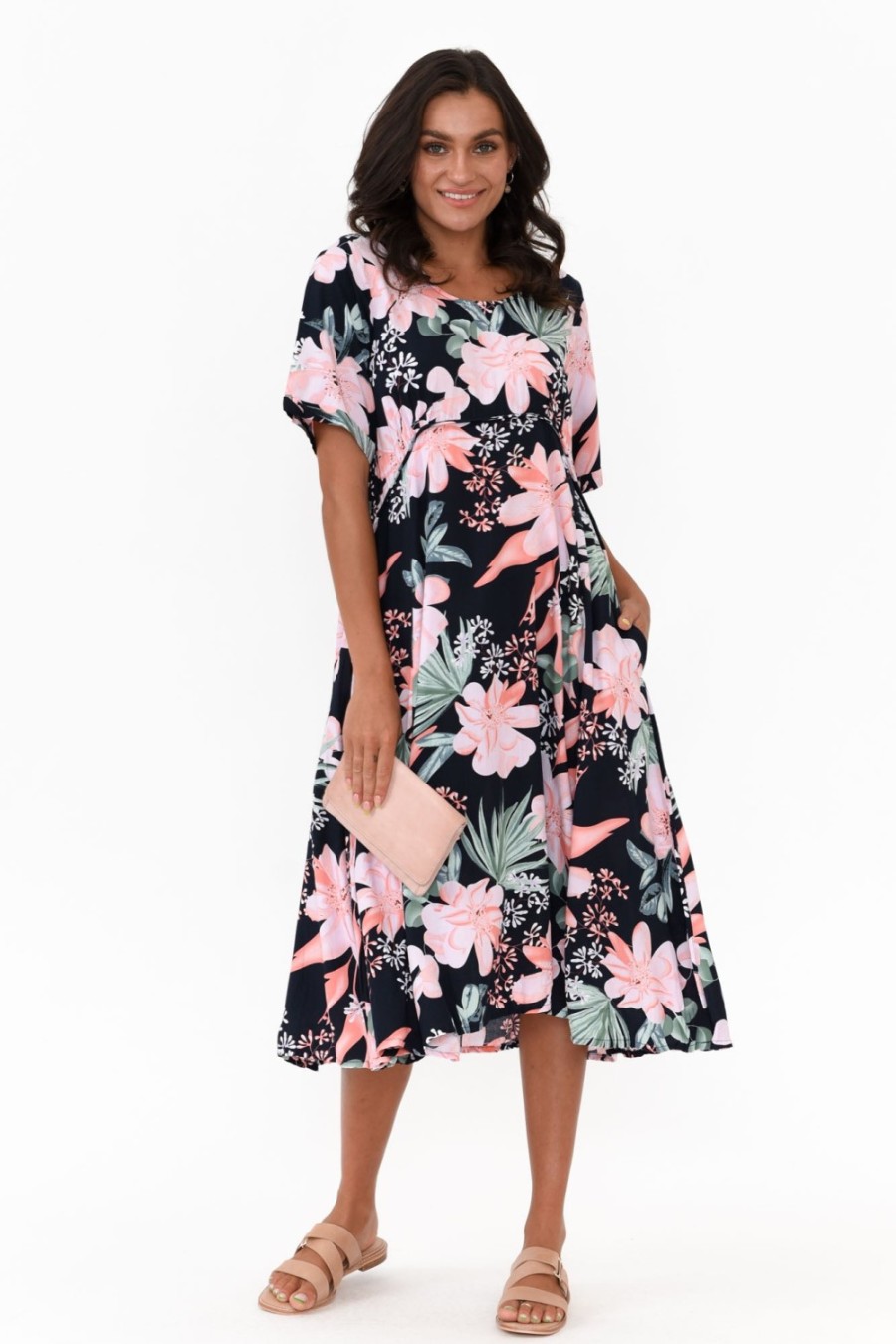 Clothing Willow Tree Below Knee Dresses | Roberta Pink Hibiscus Midi Dress