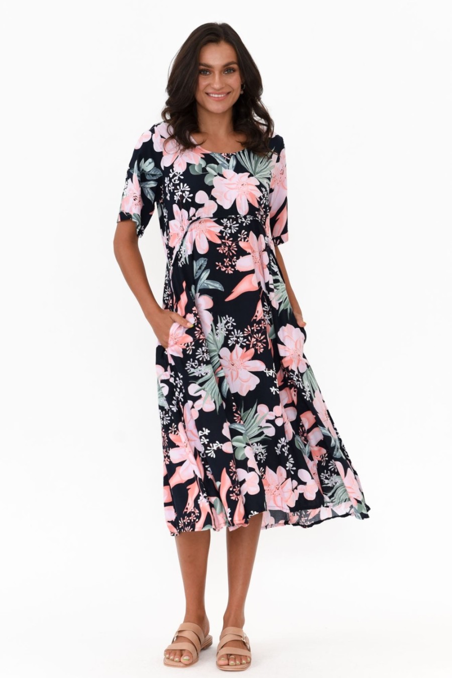 Clothing Willow Tree Below Knee Dresses | Roberta Pink Hibiscus Midi Dress