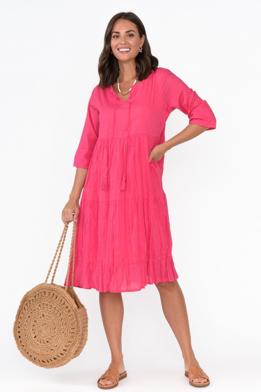 Clothing One Summer Cotton Dresses | Milana Hot Pink Crinkle Cotton Dress