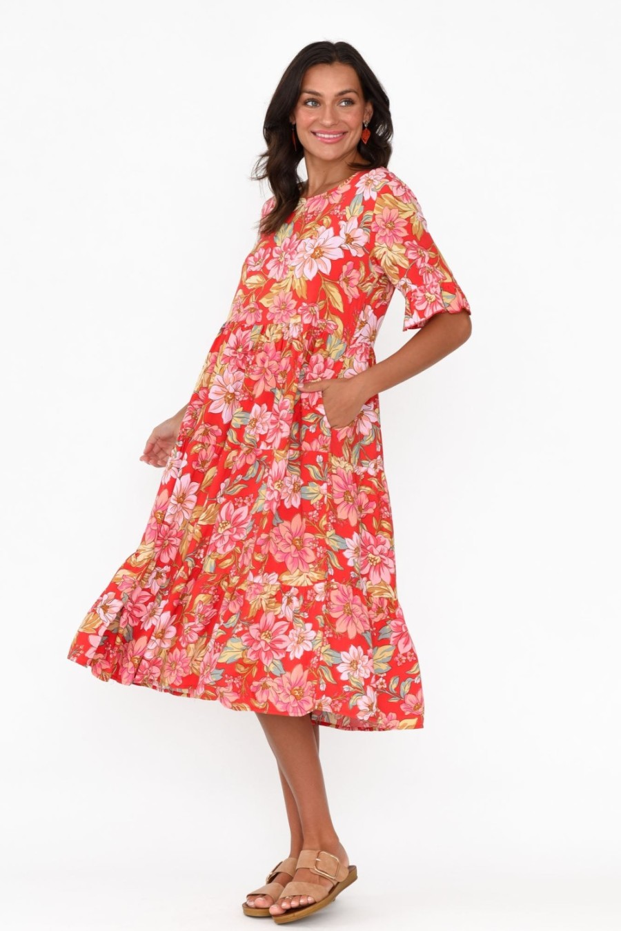 Clothing New U Collection Midi Dresses | Addison Red Bloom Tier Dress