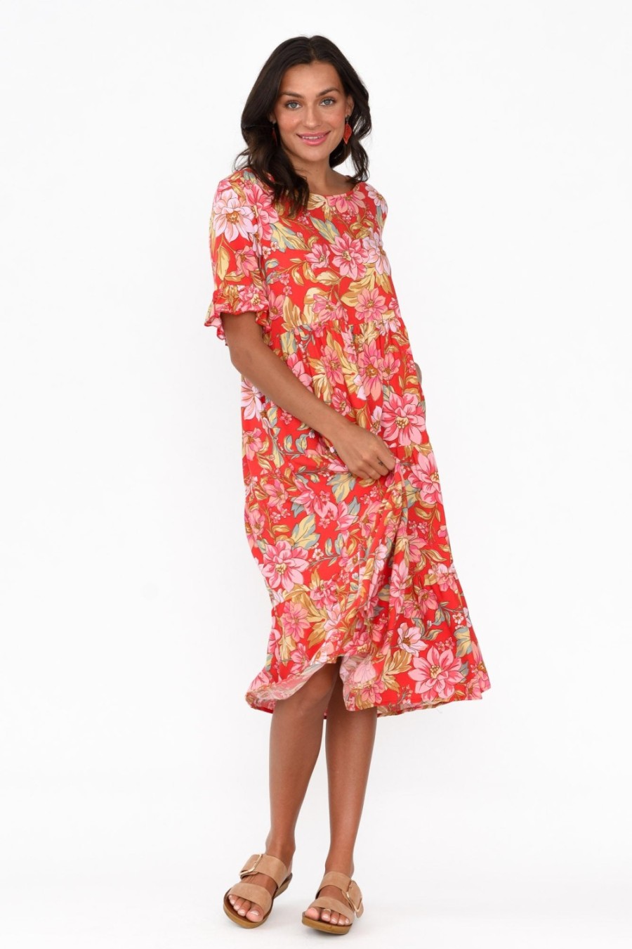 Clothing New U Collection Midi Dresses | Addison Red Bloom Tier Dress