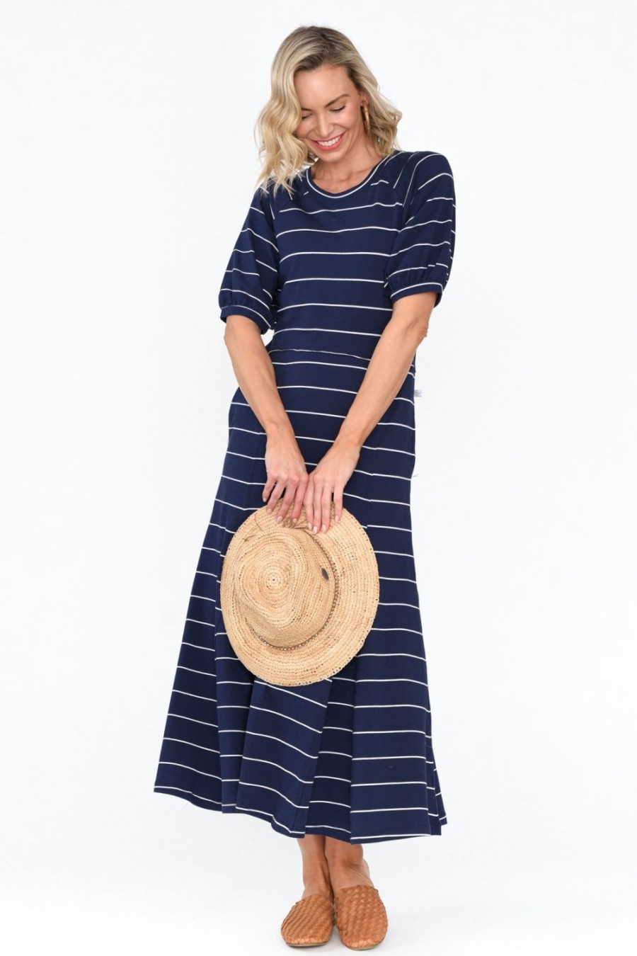 Clothing One Ten Willow Cotton Dresses | Colorado Navy Pinstripe Cotton Maxi Dress