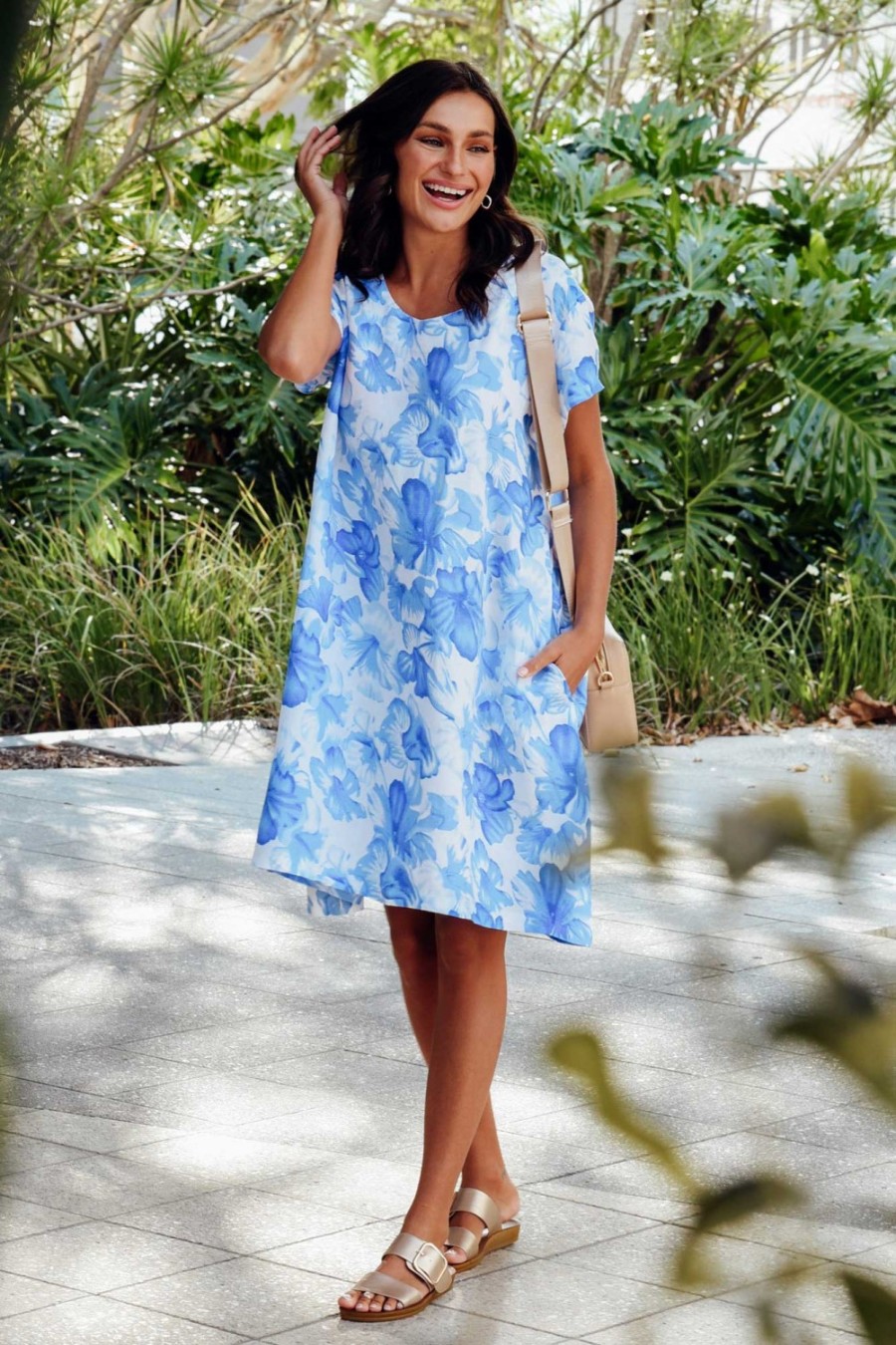 Clothing Cali and Co Linen Dresses | Ayita Blue Flower Linen Dress