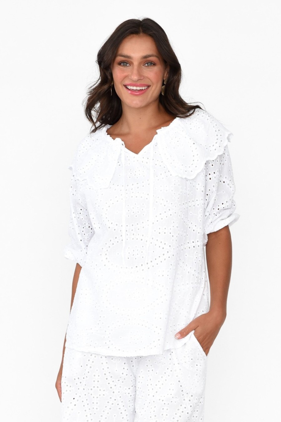 Clothing La Strada Cotton Tops | Elowen White Embroidered Cotton Top