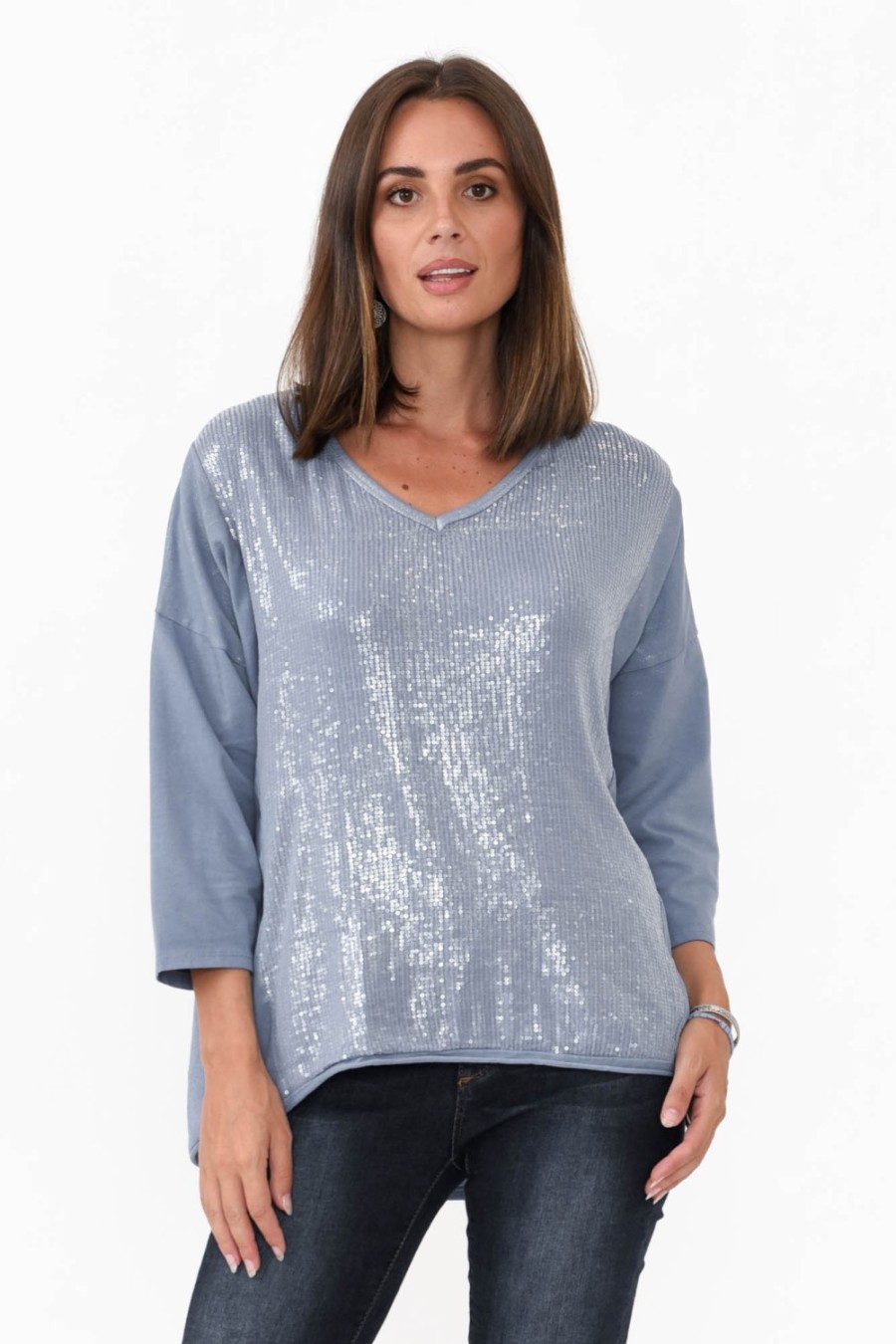 Clothing La Strada Cotton Tops | Willard Blue Cotton Sequin Top