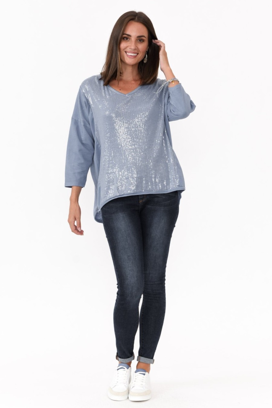 Clothing La Strada Cotton Tops | Willard Blue Cotton Sequin Top