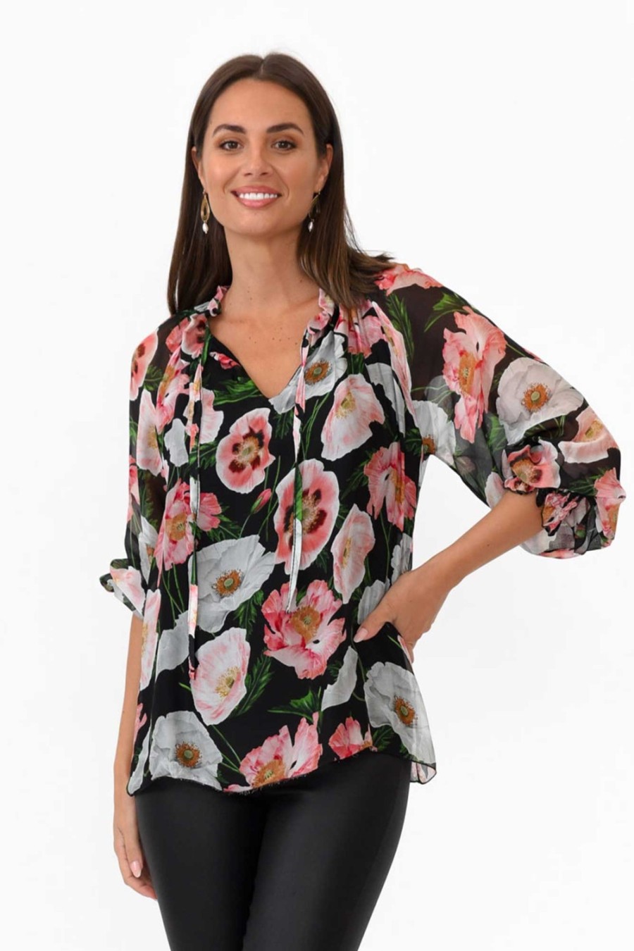 Clothing La Strada Sleeved Tops | Eliska Black Floral Silk Top