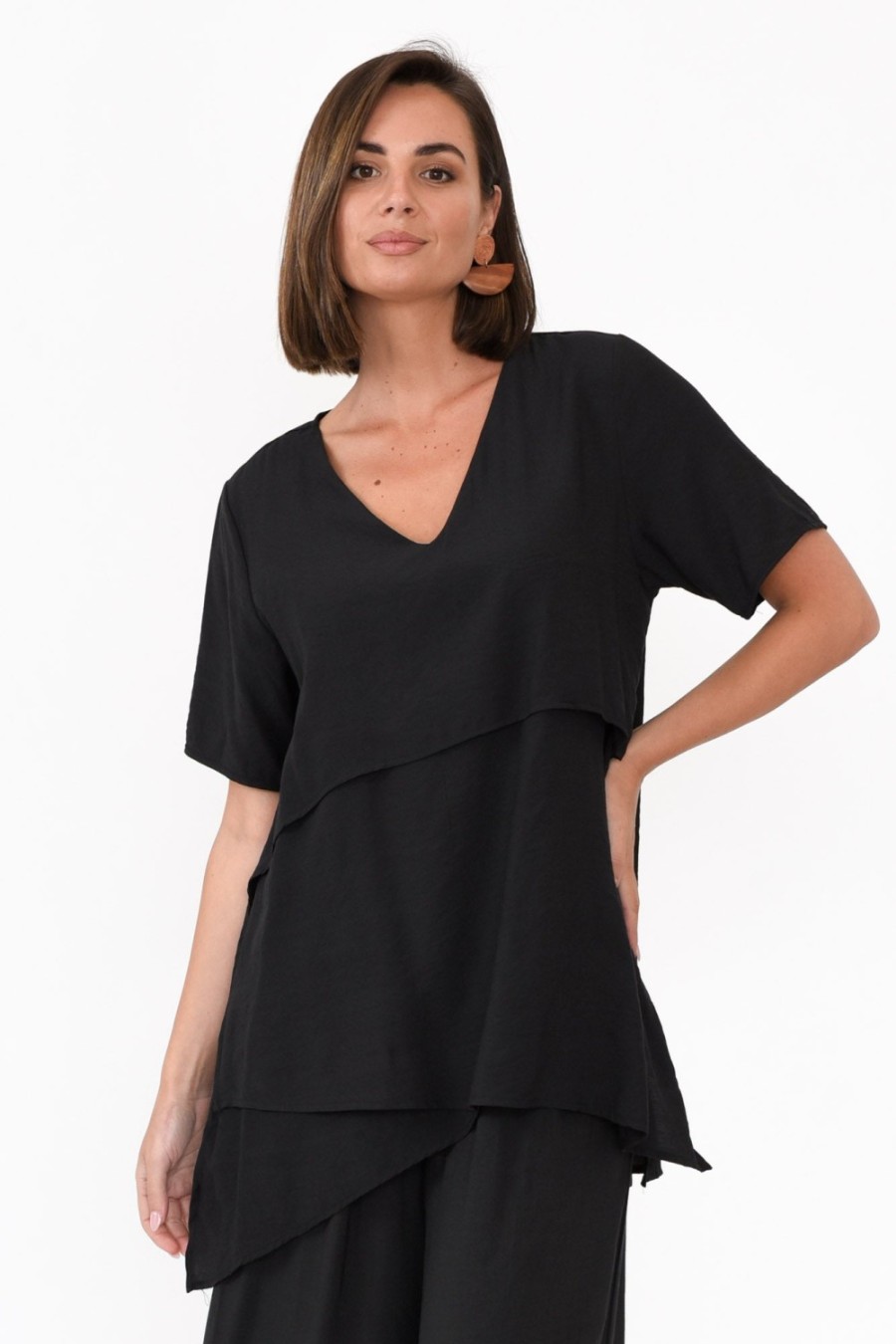 Clothing La Mode Cotton Tops | Shoshana Black Cotton Layered Top