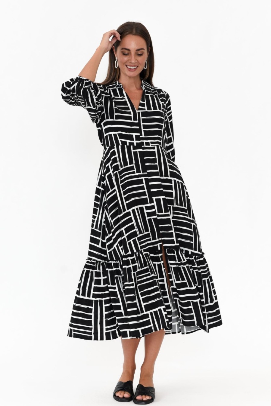 Clothing Silver Wishes Sleeved Dresses | Imari Black Stripe Collared Dress