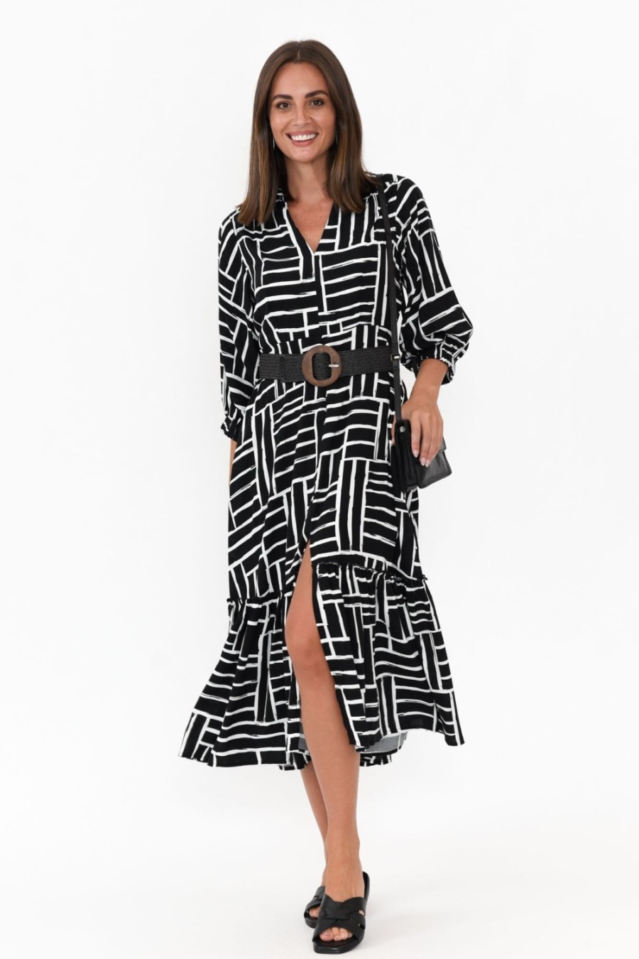 Clothing Silver Wishes Sleeved Dresses | Imari Black Stripe Collared Dress