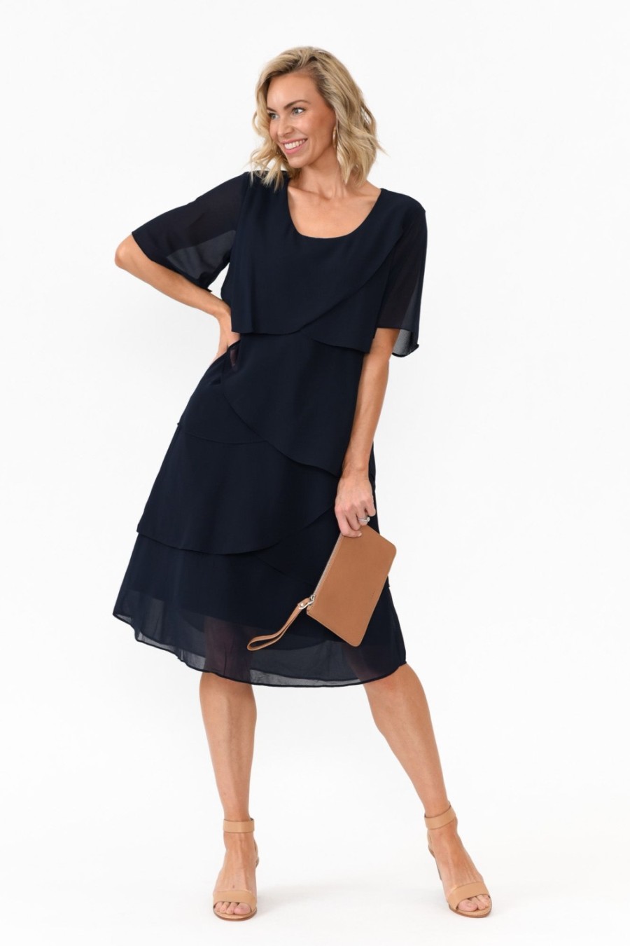 Clothing Est 22 Below Knee Dresses | Amity Navy Diagonal Drape Dress