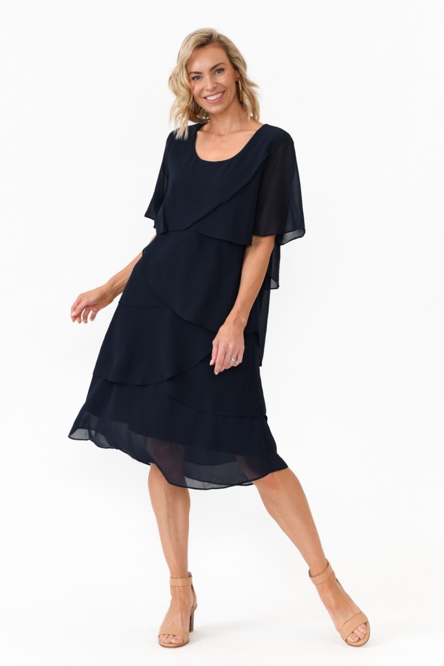 Clothing Est 22 Below Knee Dresses | Amity Navy Diagonal Drape Dress