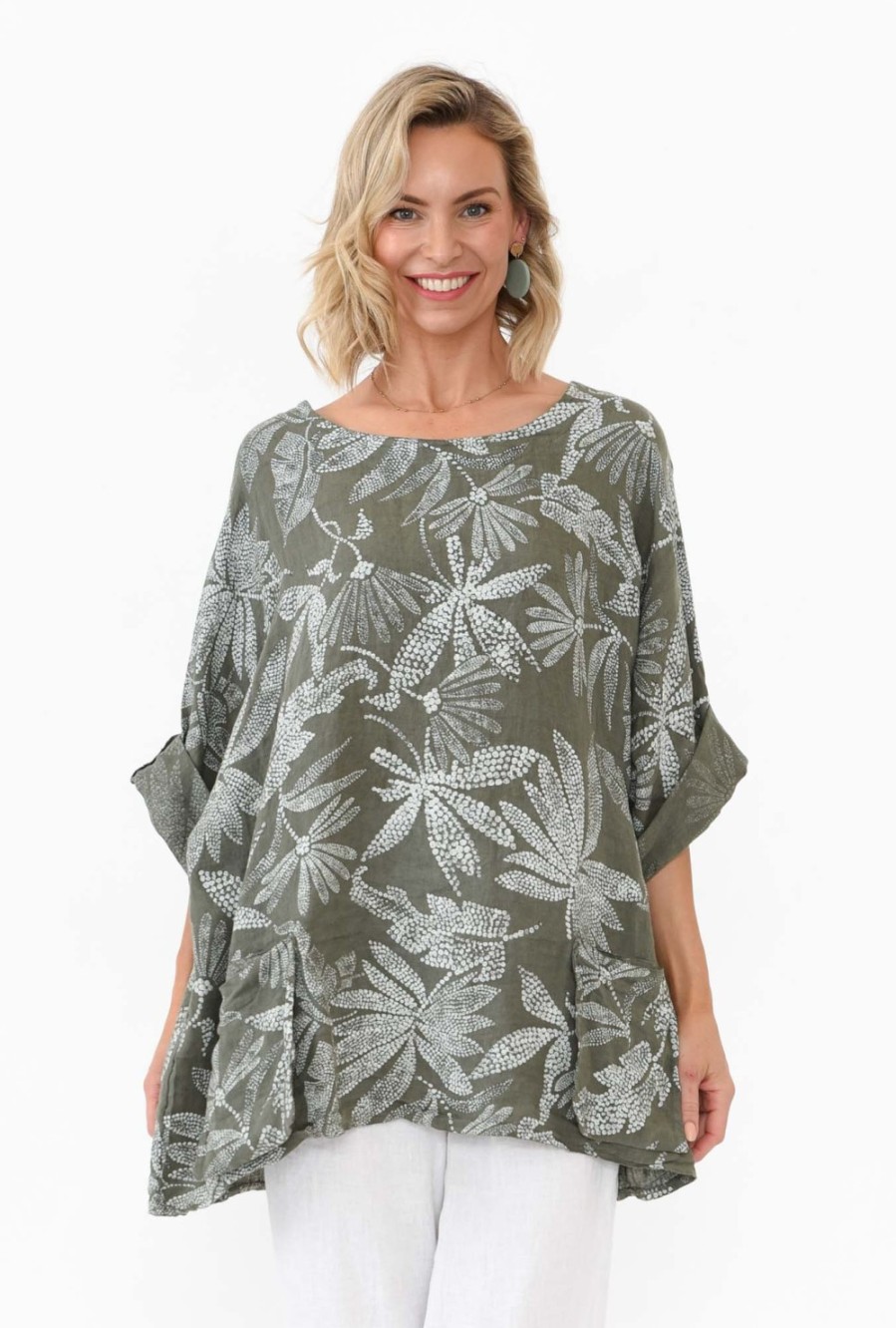 Clothing Donna Donna Tunic Tops | Casper Khaki Tropical Linen Pocket Top