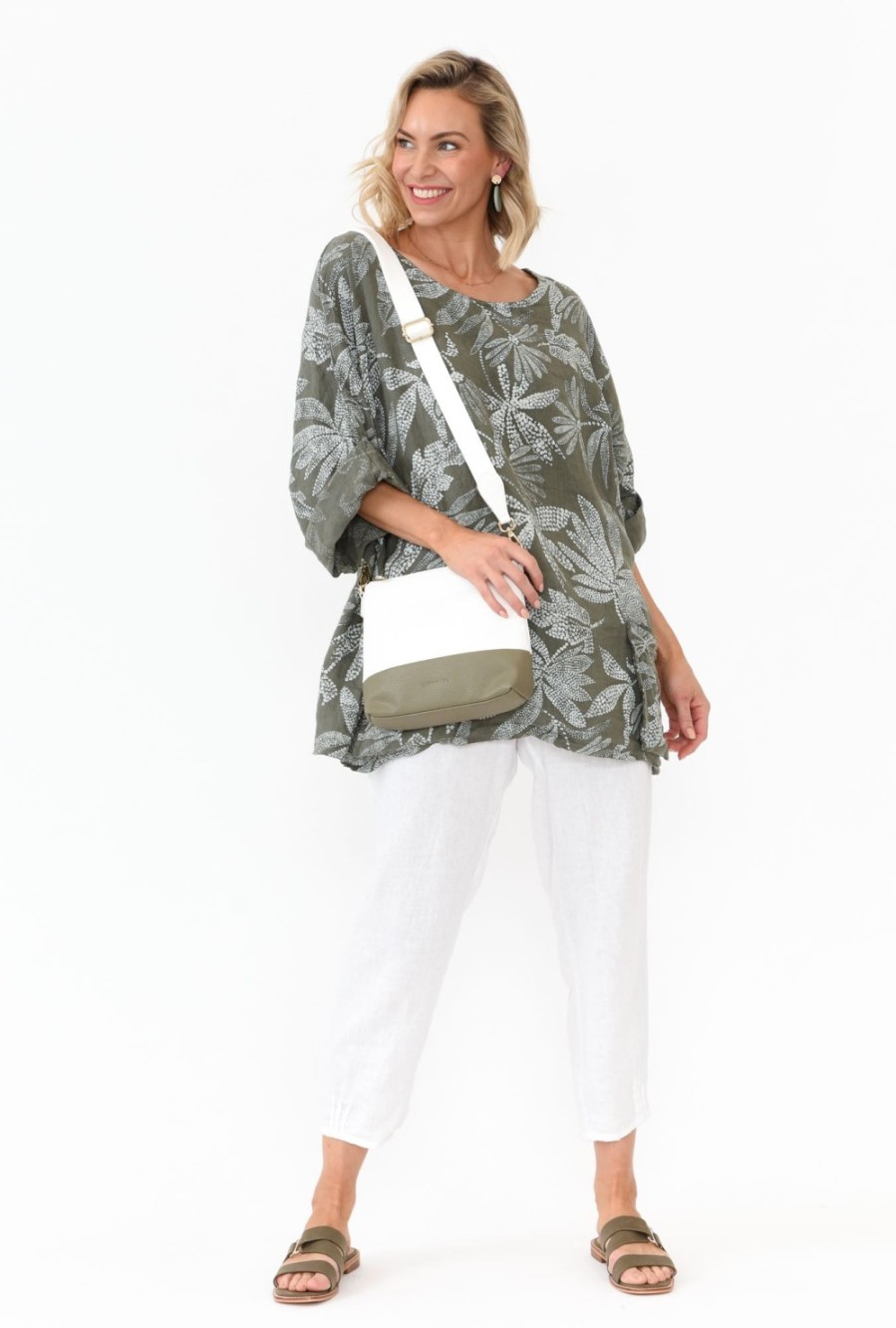 Clothing Donna Donna Tunic Tops | Casper Khaki Tropical Linen Pocket Top