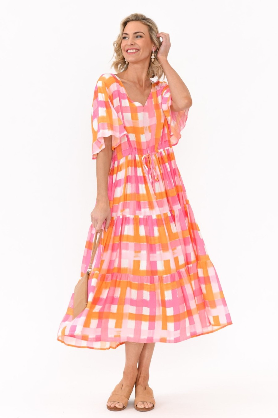 Clothing PQ Midi Dresses | Lisha Pink Check Tiered Dress