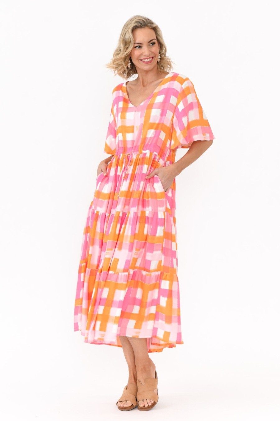 Clothing PQ Midi Dresses | Lisha Pink Check Tiered Dress