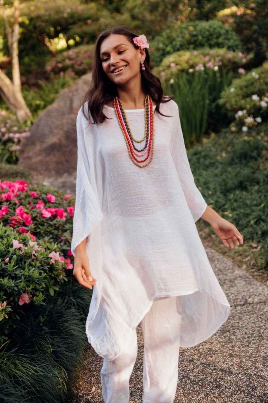 Clothing Donna Donna Linen Tops | Noemi White Linen Kaftan Tunic