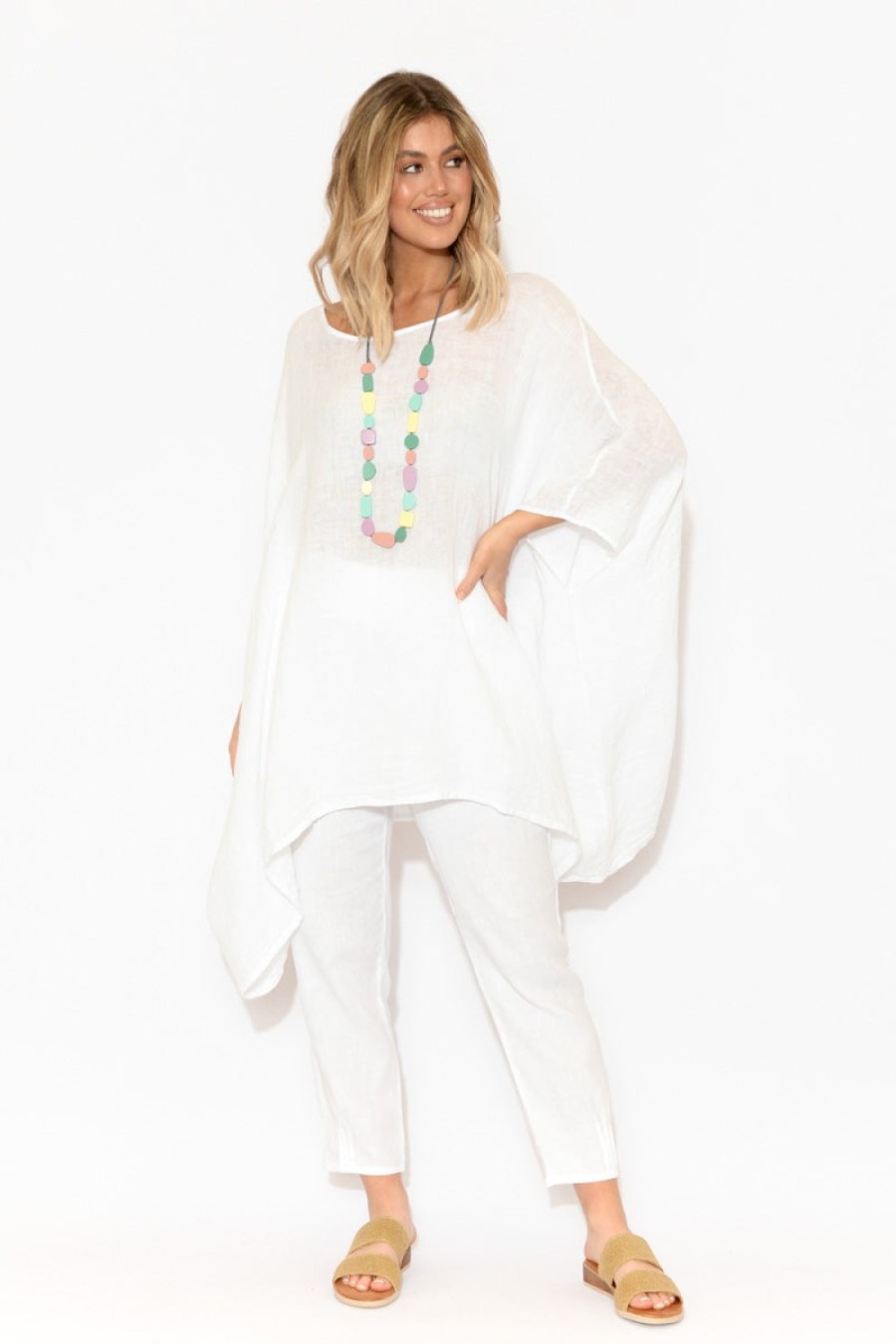 Clothing Donna Donna Linen Tops | Noemi White Linen Kaftan Tunic