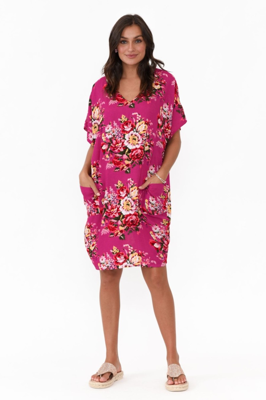 Clothing Red Lotus Above Knee Dresses | Gaby Pink Bloom Drape Tee Dress