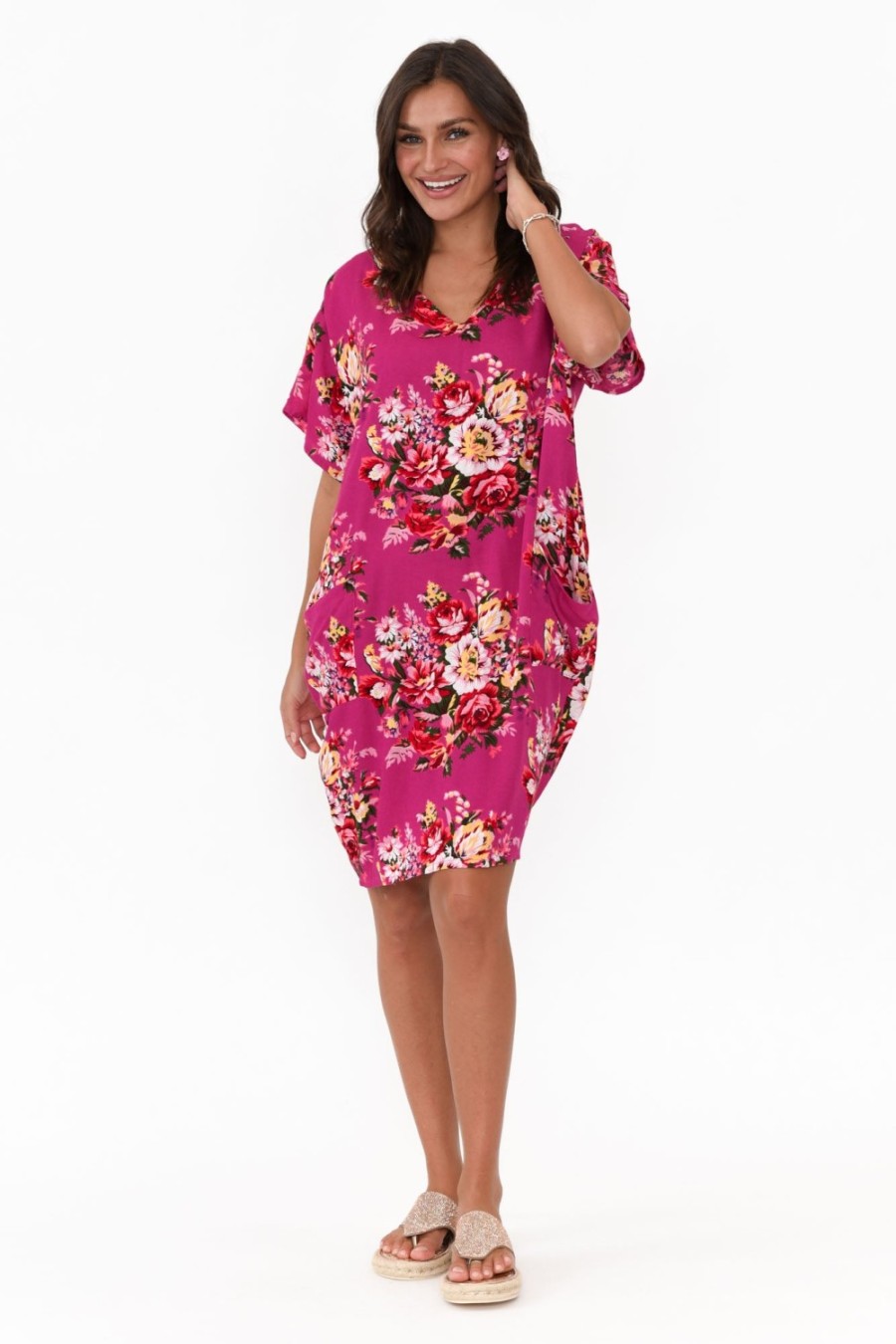 Clothing Red Lotus Above Knee Dresses | Gaby Pink Bloom Drape Tee Dress