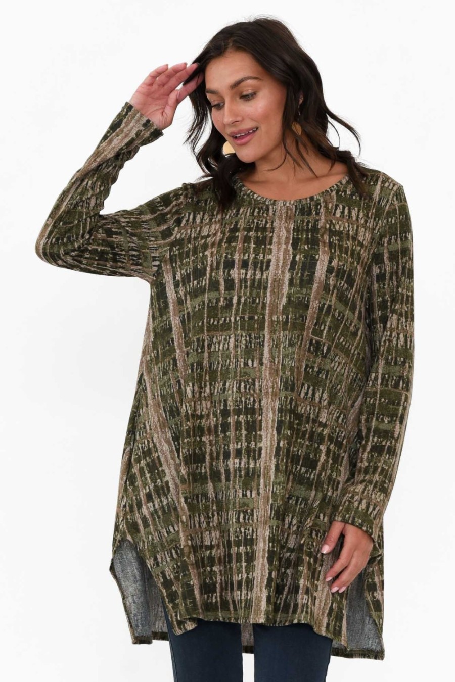 Clothing Hourglass Tunic Tops | Dylan Khaki Abstract Knit Tunic