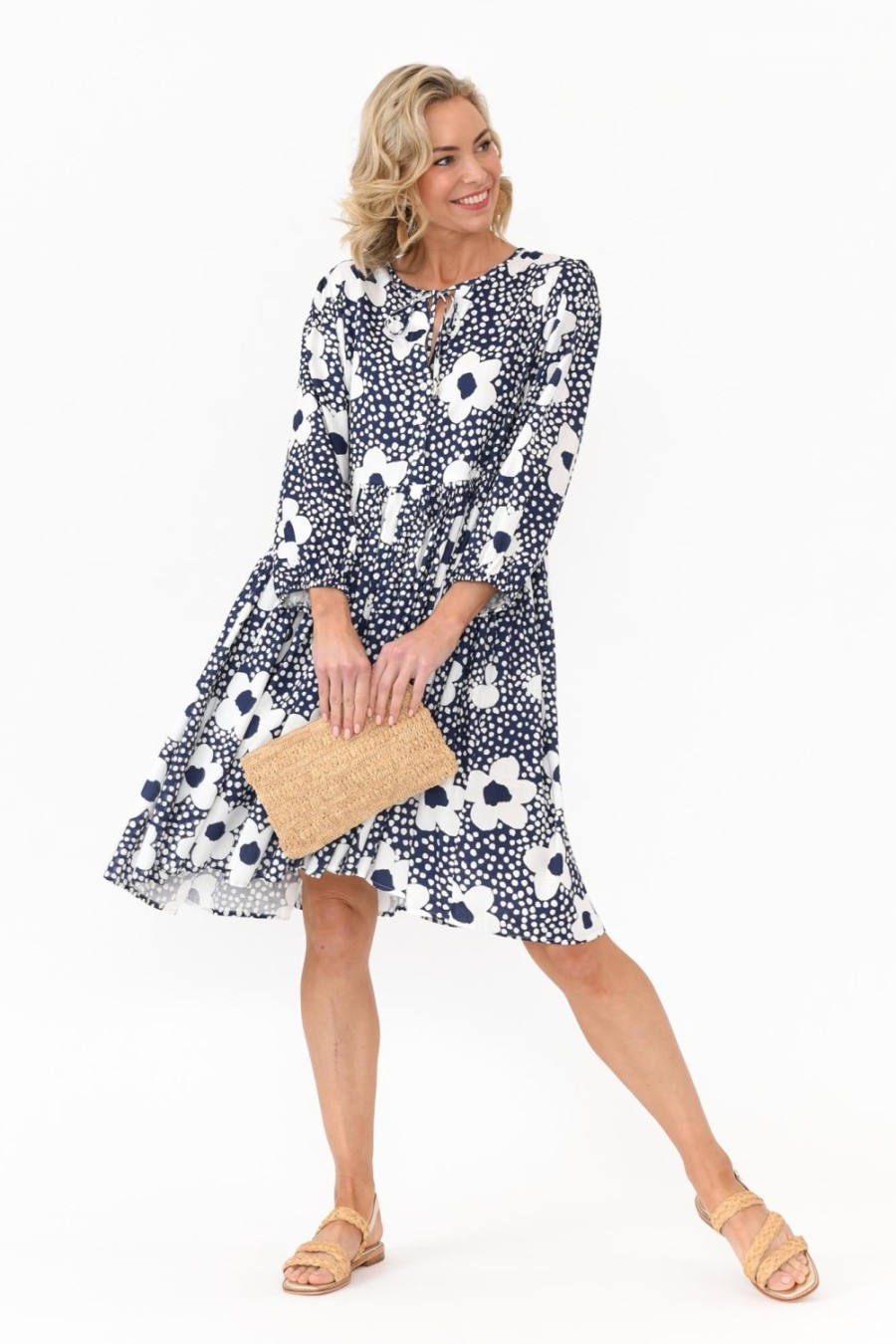 Clothing Cali and Co Above Knee Dresses | Quinta Navy Bloom Cotton Blend Dress