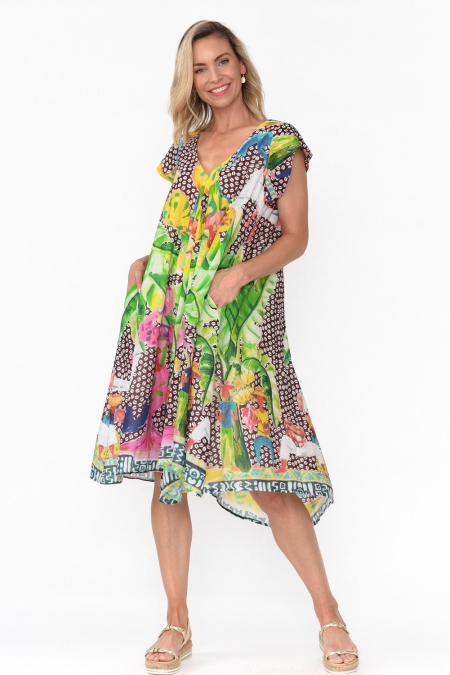 Clothing Mozaic Cotton Dresses | Maheno Brown Tropical Cotton Midi Dress