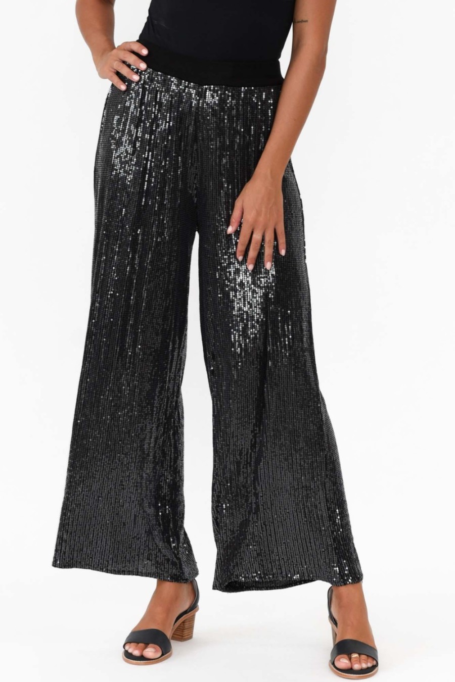 Clothing La Strada Pants | Myers Black Sequin Wide Leg Pant