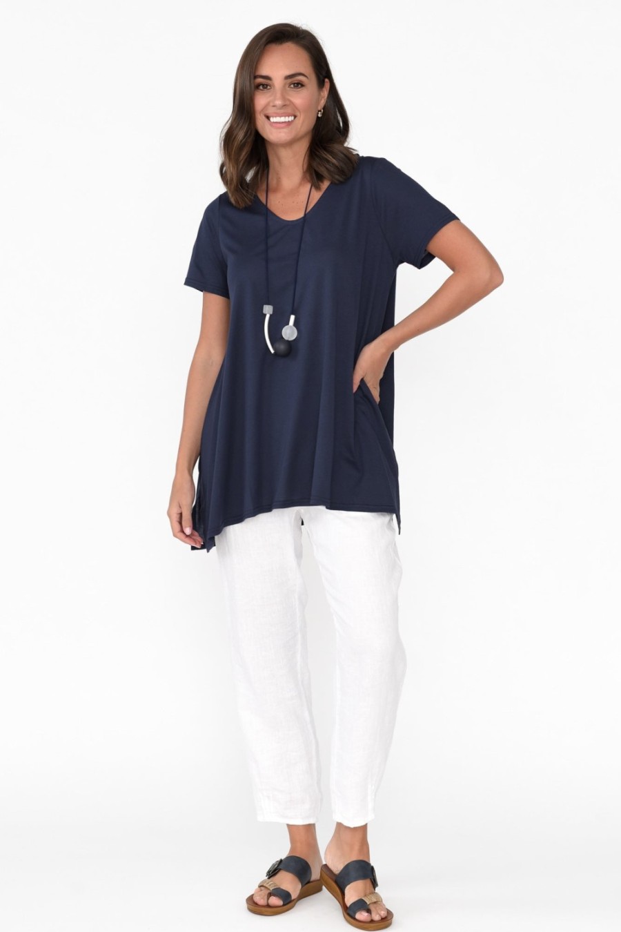 Clothing Tirelli Cotton Tops | Marcy Navy Drape Cotton Top