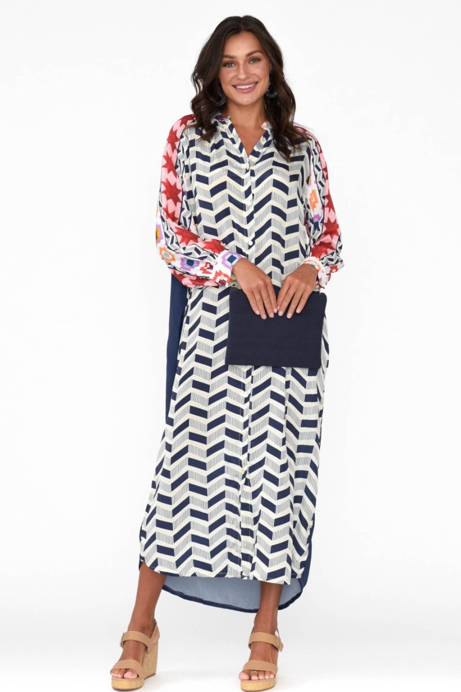 Clothing Italian Star Maxi Dresses | Maeva Navy Geometric Shirt Dress