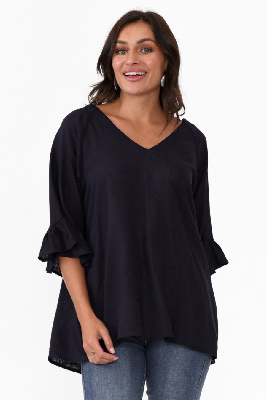 Clothing Hourglass Linen Tops | Nala Navy Linen Cotton Frill Top