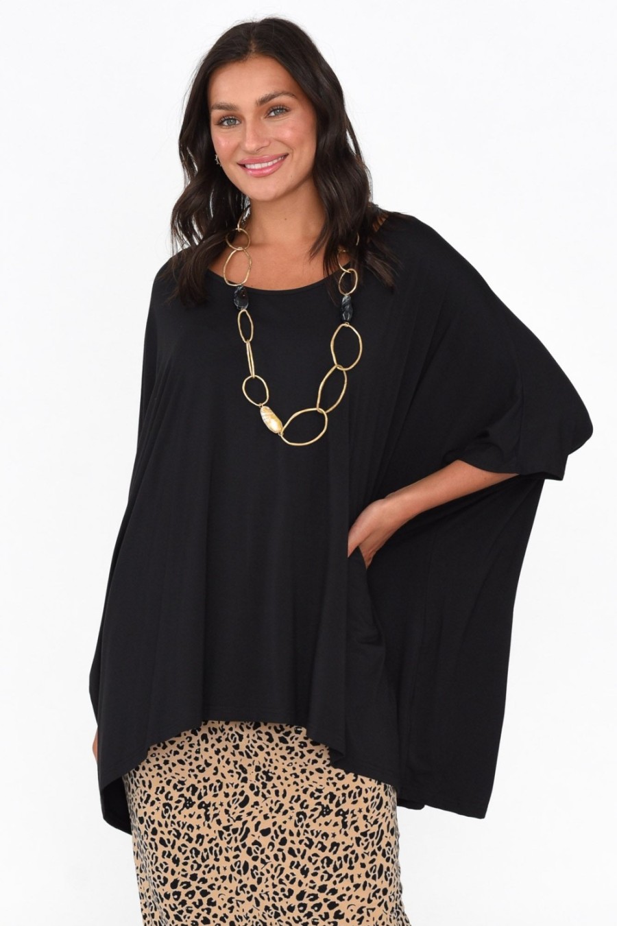 Clothing Pq Sleeved Tops | Sorronda Black Bamboo Batwing Top