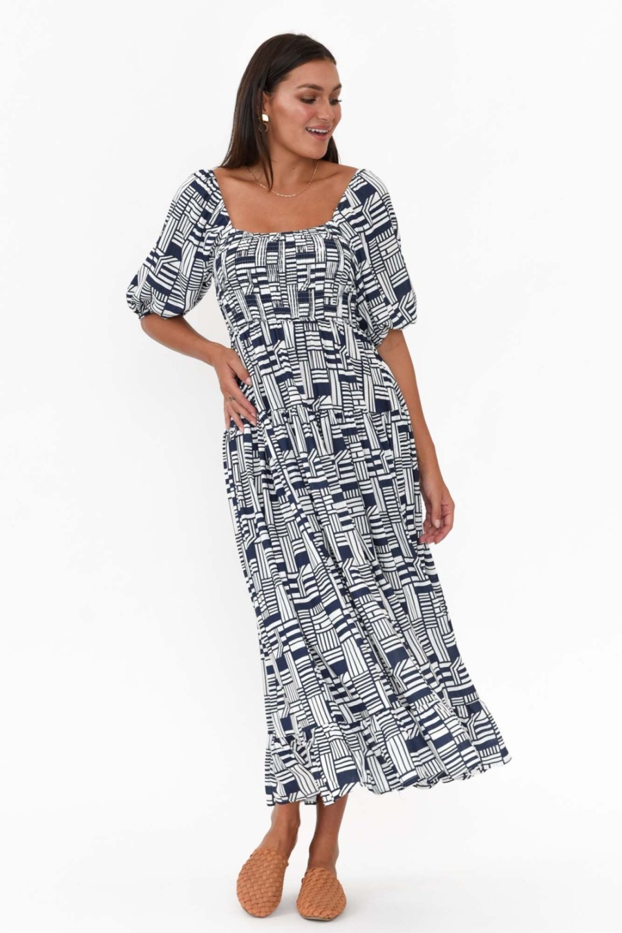 Clothing Silver Wishes Midi Dresses | Hansen Navy Geo Shirred Dress