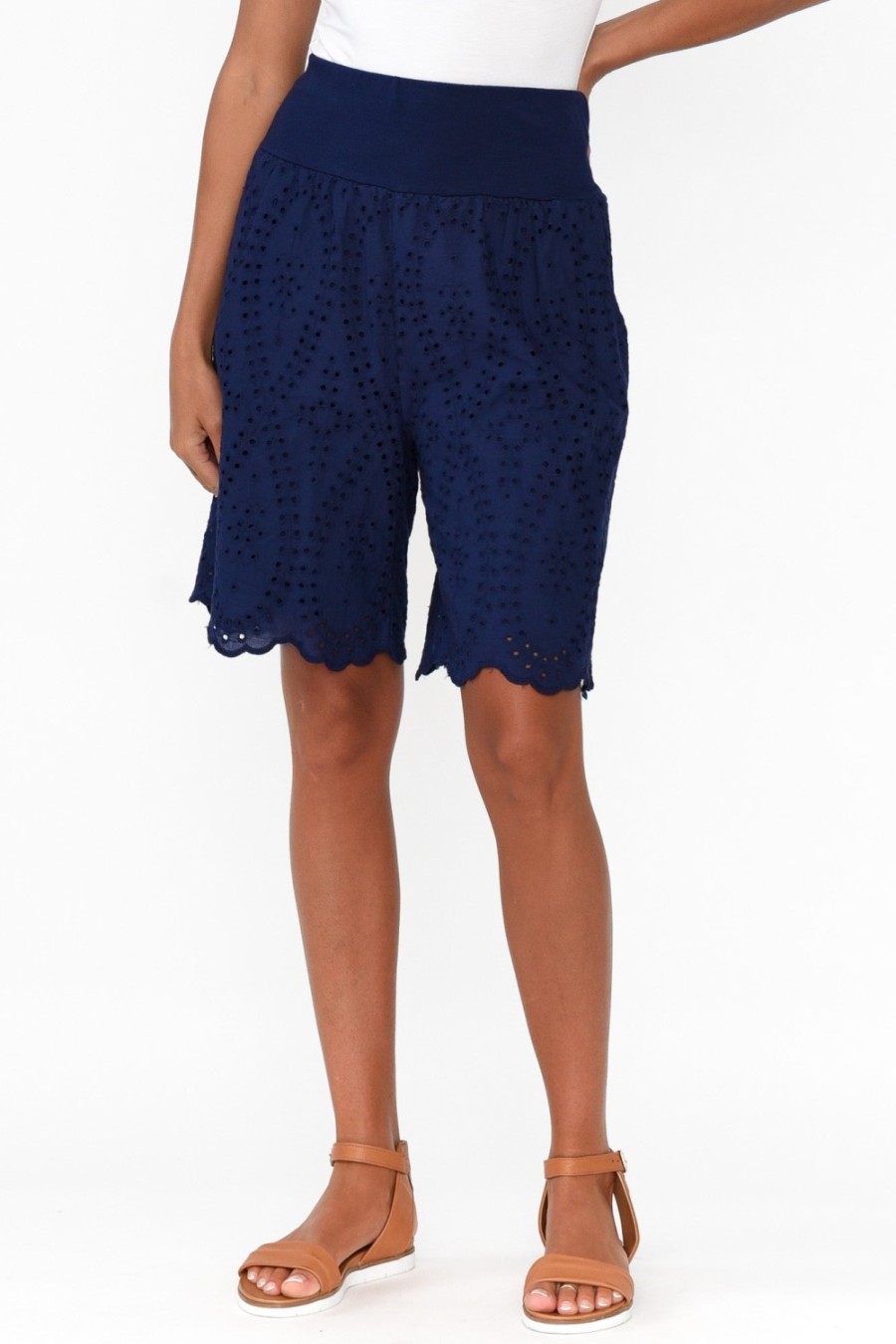 Clothing La Strada Shorts | Keziah Navy Embroidered Cotton Short