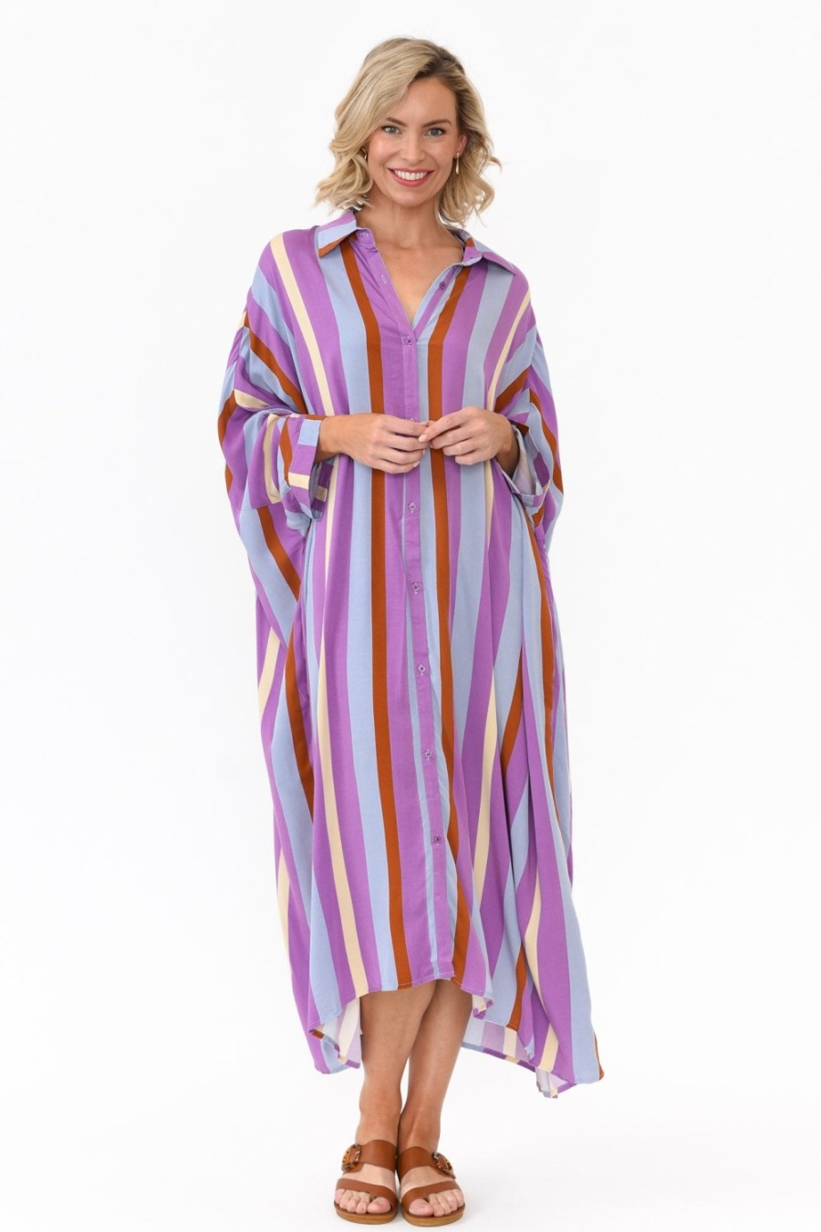 Clothing PQ Below Knee Dresses | Jewel Purple Stripe Long Sleeve Shirt Dress