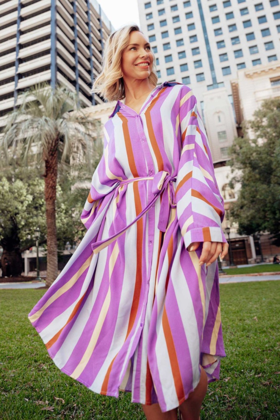 Clothing PQ Below Knee Dresses | Jewel Purple Stripe Long Sleeve Shirt Dress