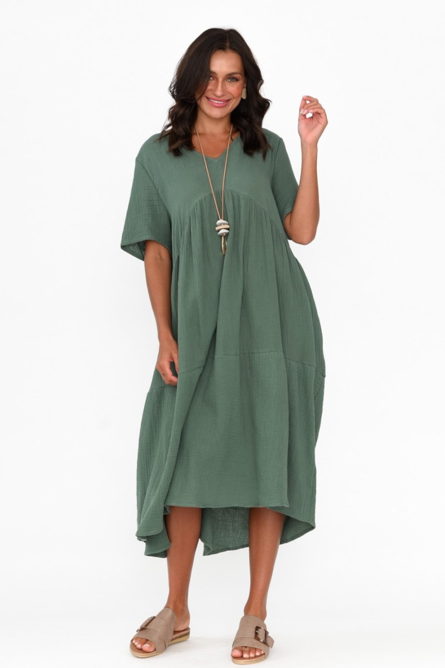 Clothing La Mode Cotton Dresses | Evianna Khaki Cotton Peak Dress