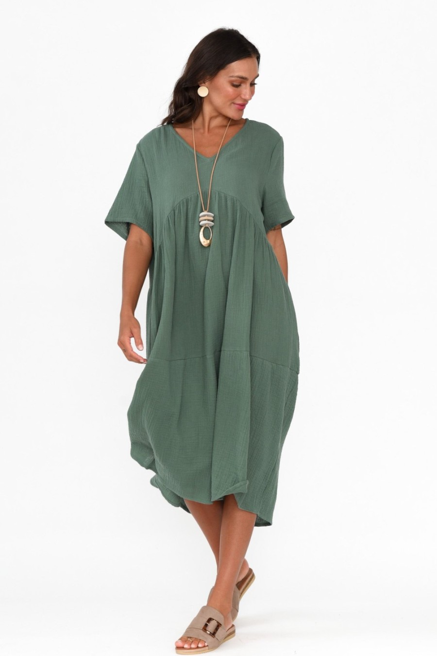 Clothing La Mode Cotton Dresses | Evianna Khaki Cotton Peak Dress