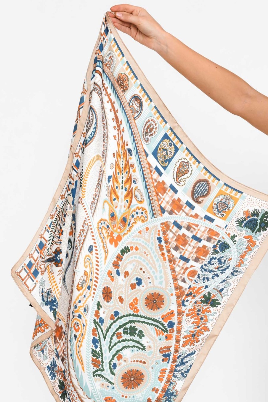 Clothing Zoda Scarves | Lizette Beige Satin Paisley Square Scarf