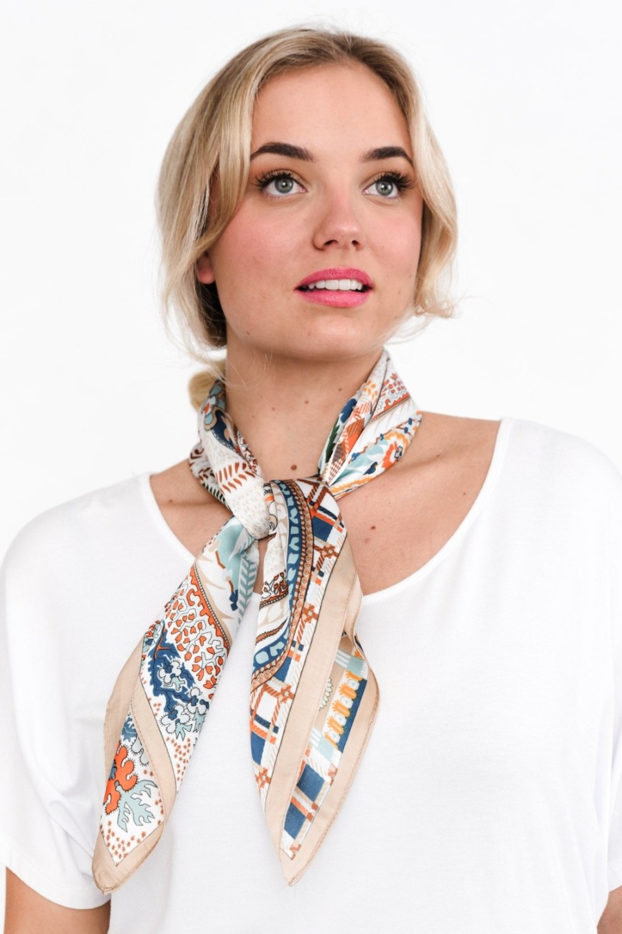 Clothing Zoda Scarves | Lizette Beige Satin Paisley Square Scarf