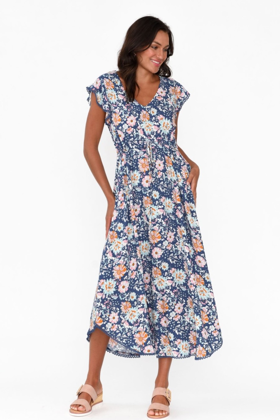 Clothing New U Collection Midi Dresses | Libby Navy Bouquet Midi Dress