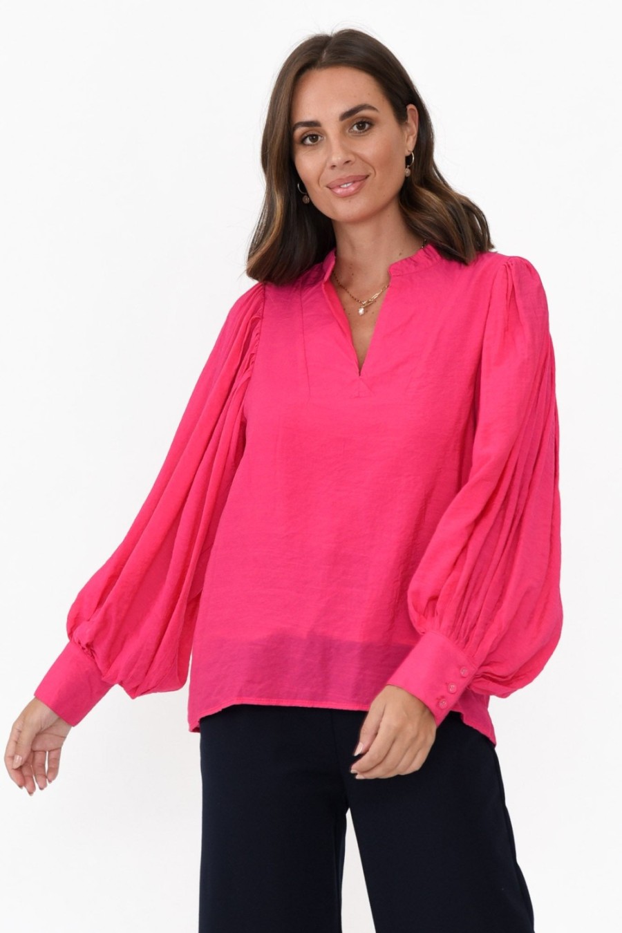 Clothing Cali and Co Cotton Tops | Kane Hot Pink Cotton Blend Top