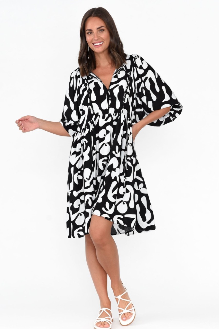 Clothing New U Collection Sleeved Dresses | Lyric Black Abstract Pocket Dress