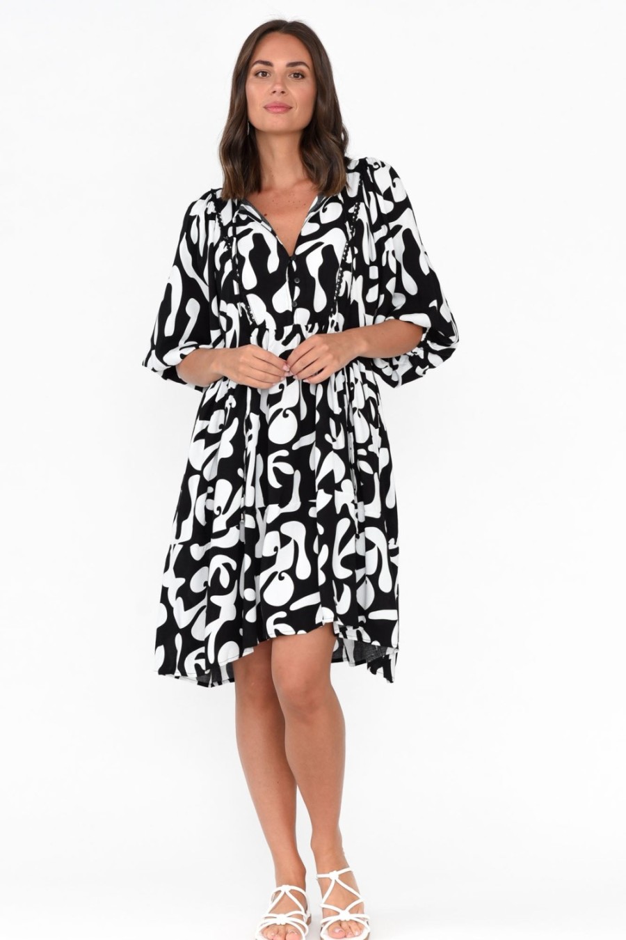 Clothing New U Collection Sleeved Dresses | Lyric Black Abstract Pocket Dress